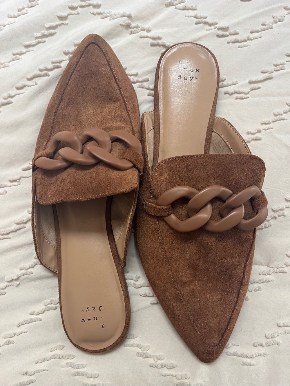 a new day Tan Suede Pointed-Toe Chain-Accent Mules